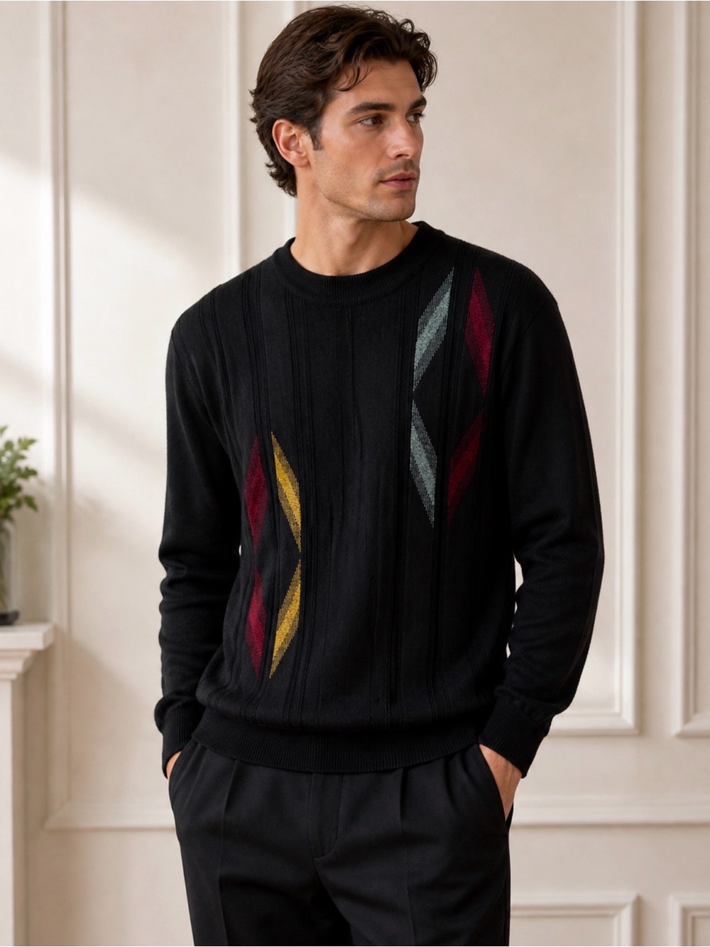 Black Crewneck Sweater with Multicolor Geometric Accents